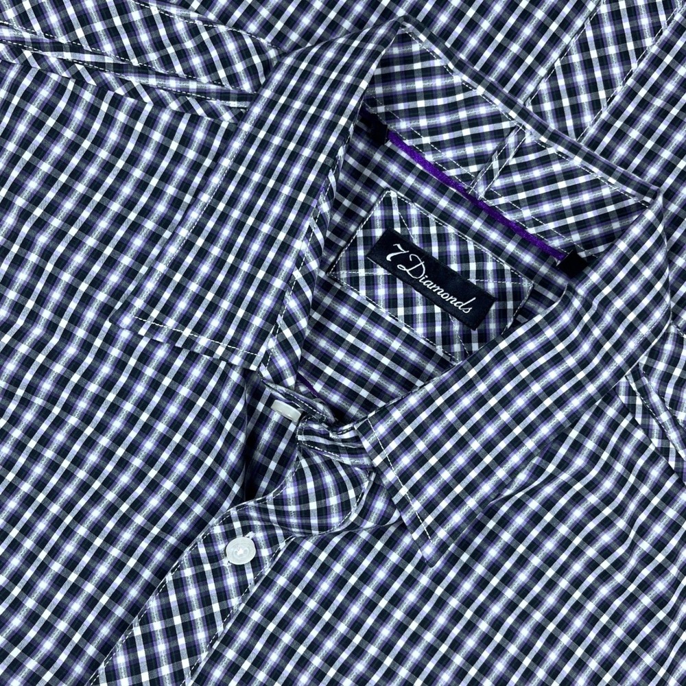7 Diamonds Mens XL Black Purple Gingham Check Button Down Shirt Sleeve Cotton